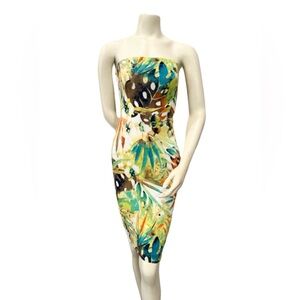 Kaylee Kollection Strapless Tropical Bodycon Midi Dress Size S